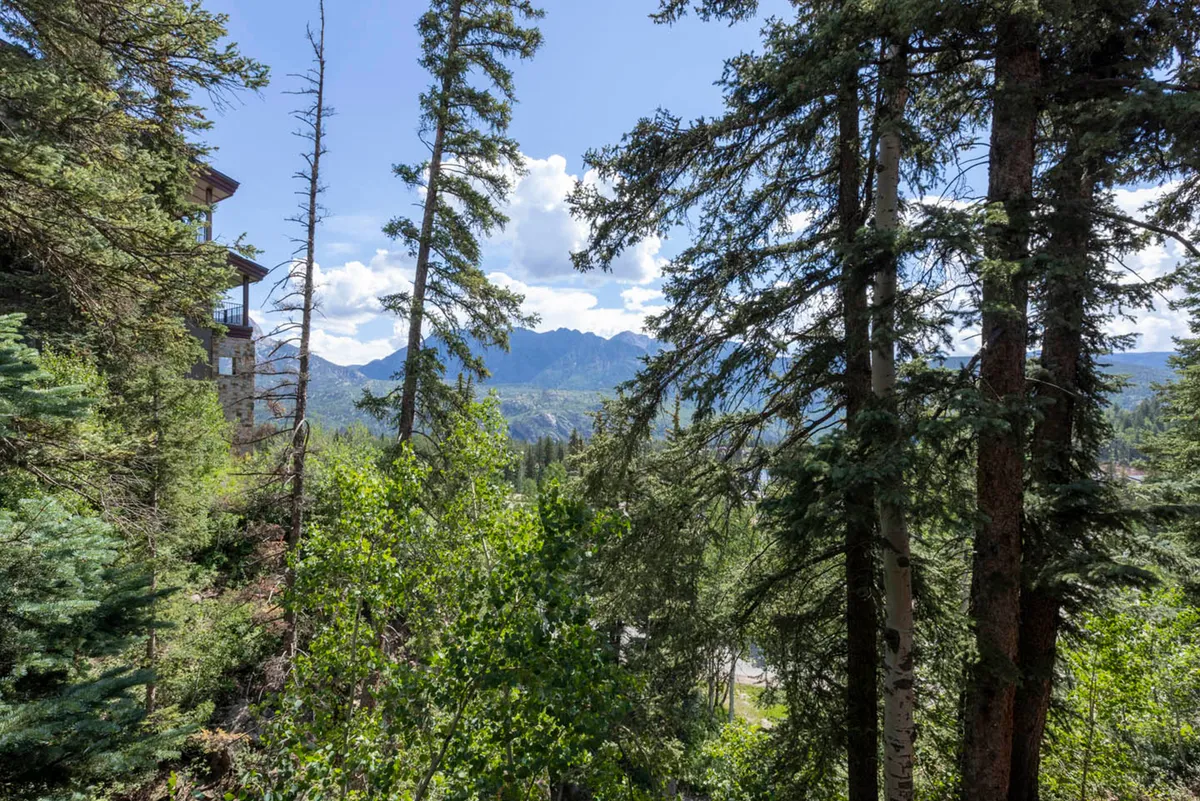 The image showcases the exterior of the condo surrounded by tall, lush trees with sweeping mountain views in the background under a dramatic, cloudy sky. The tranquil scene reflects the property's proximity to nature and hints at abundant outdoor activities like hiking and bird watching. The setting invites guests to explore trails by day and enjoy stargazing by night.