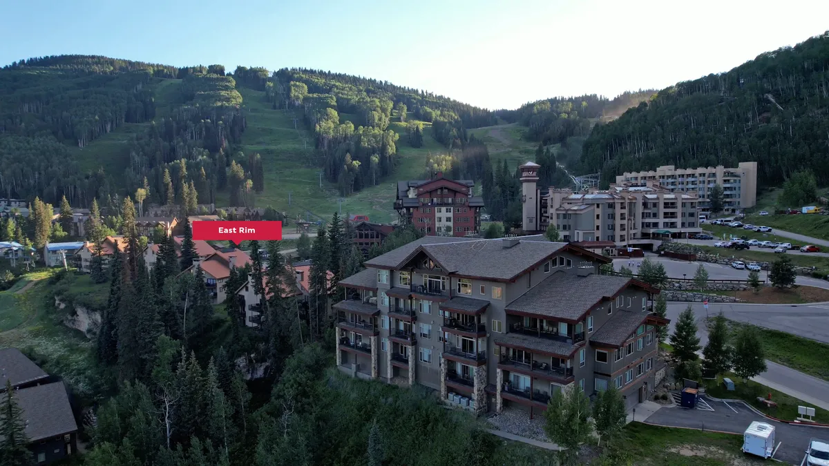 This image offers a sweeping exterior view of the ski resort buildings nestled among trees with the dramatic backdrop of mountain peaks. The scene captures an adventurous atmosphere, highlighting both the natural beauty of the area and the excitement of outdoor activities such as skiing and hiking available right outside the property.